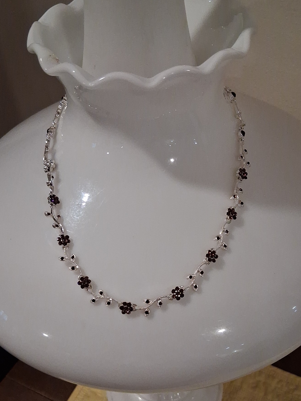 Delicate Silvertone  Floral Necklace with Dark Purple Stones & Matching Bracelet